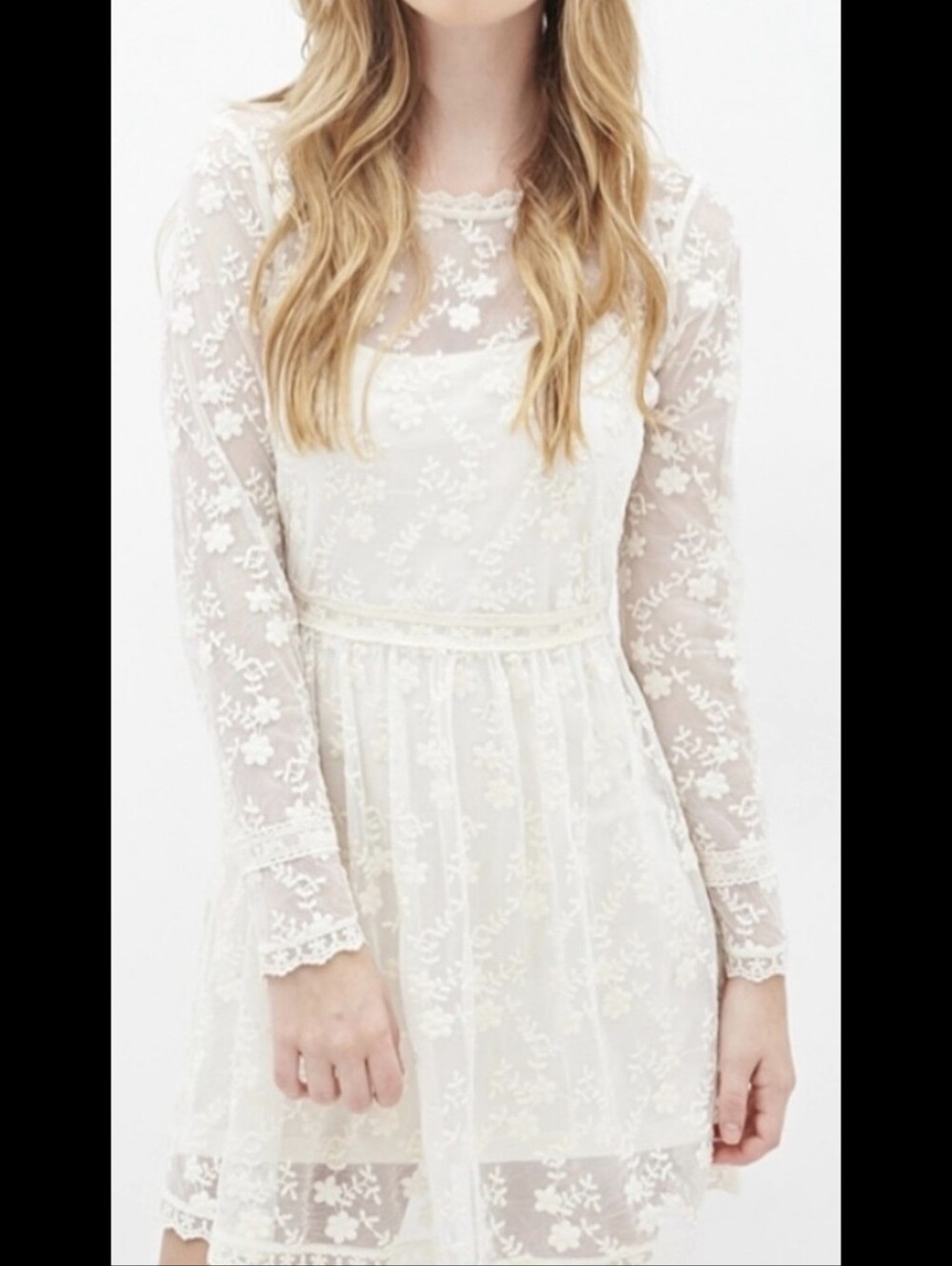 Forever 21 Dress Mini Lace Off White Long Sleeve Sz M